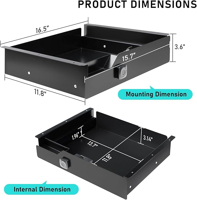 Under Desk Drawer Storage with Lock, 16"x11.8"x3.6", Metal Undermount Table Drawer, Ball Bearing Slides Out Tray Organizer fo
