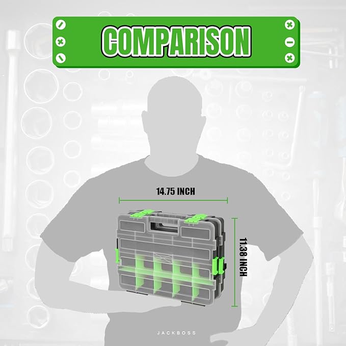 Jack Boss Tool Box with Transparent Lid, Single Side 17-Compartments Organizer Box with Removable Dividers for Hardware, Scre