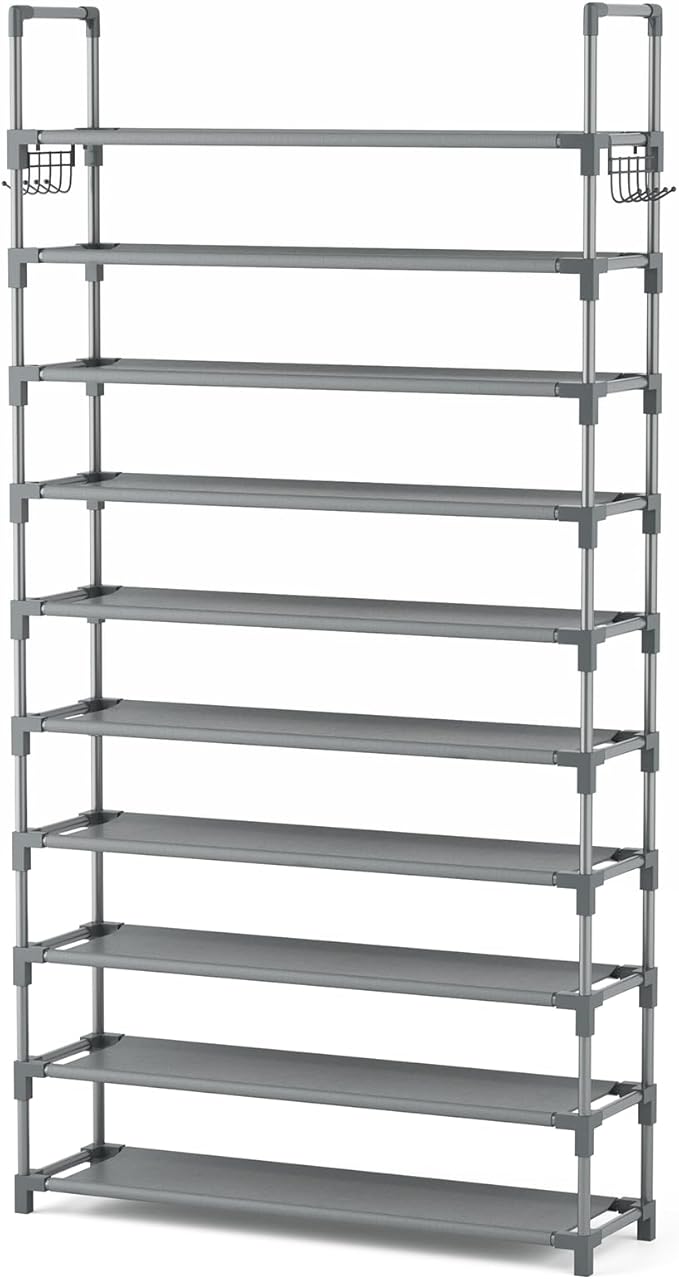 VTRIN 10 Tiers Shoe Rack Tall Large Capacity Wide Shoe Organizer Sturdy Shoe Shelf for Entryway with Two Hooks Metal Shoe Sto