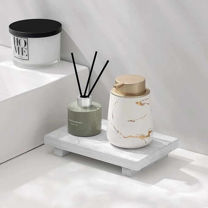zoocatia Small Wood Tray Pedestal Stand Farmhouse Bathroom Decor Decorative Wooden Riser Kitchen Soap Dish Holder for Vanity,