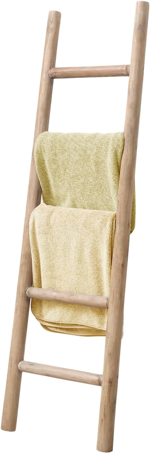 Wooden Blanket Ladder - 57in Natural Wood Color- Leaning Wall Decor for Bedroom, Bathroom, Living Room - Rustic Quilt Holder 