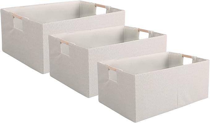 Fabric Storage Bin Box Foldable Cotton Linen Storage Basket with Wooden Handles Rectangular Cube Decorative Home Laundry Orga