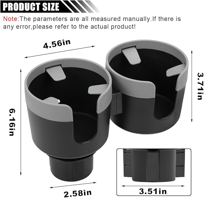 Car Double Cup Holder Extender, 2-in-1 Car Cup Holder Adapter with Adjustable Base, Universal Multifunctional Cup Holder Organizer for Beverage, Snack, Cup, Bottle Storage (Grey)