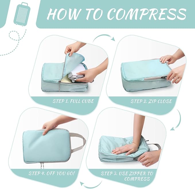 WOOMADA Compression Packing Cubes for Suitcases Travel Essentials 8 Set Expandable Travel Bags Organizer for Luggage(turquois