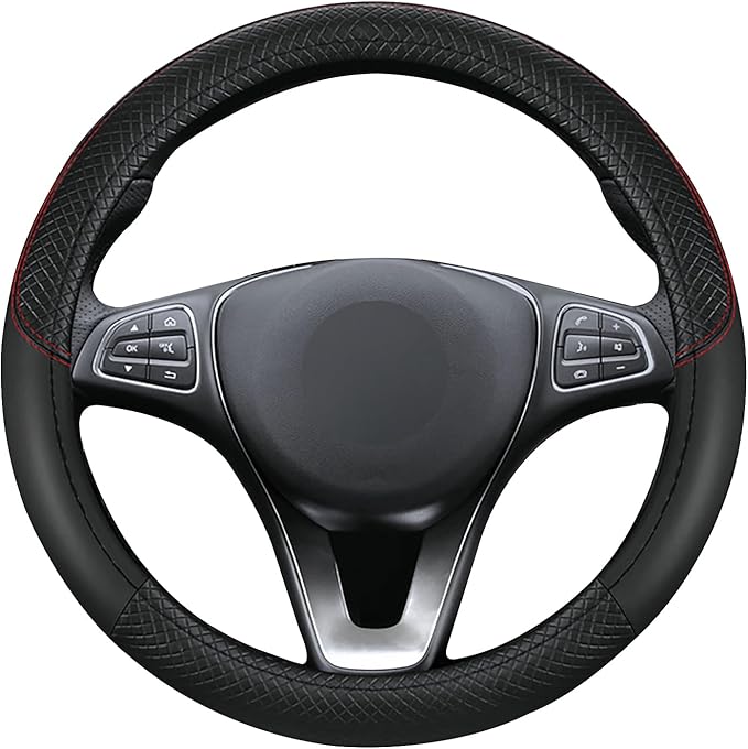 Black Car Steering Wheel Cover, Microfiber, Leather Patchwork, Universal 14.5-15 Inch Leather Anti-Slip Breathable Auto Steer