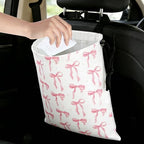 Pink Bow Car Trash Bag - Waterproof Car Trash Bag Hanging Leakproof Car Garbage Bag - Washable Reusable Trash Bag for Car Interior Hanging Organizer Storage Vehicle Travelling Camping