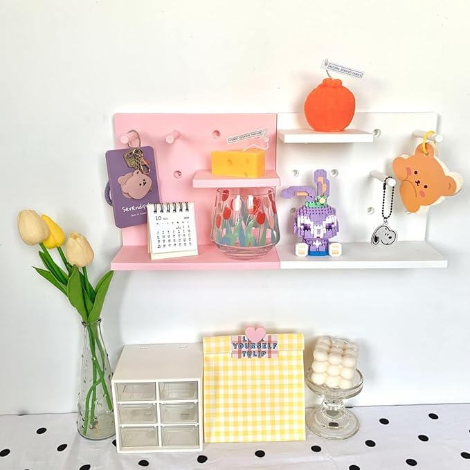 HGYZE Peg Boards for Wall with Shelf & Hooks, No Punching Craft Storage, Small Pegboard Ledges Organizer for Hanging Keychain
