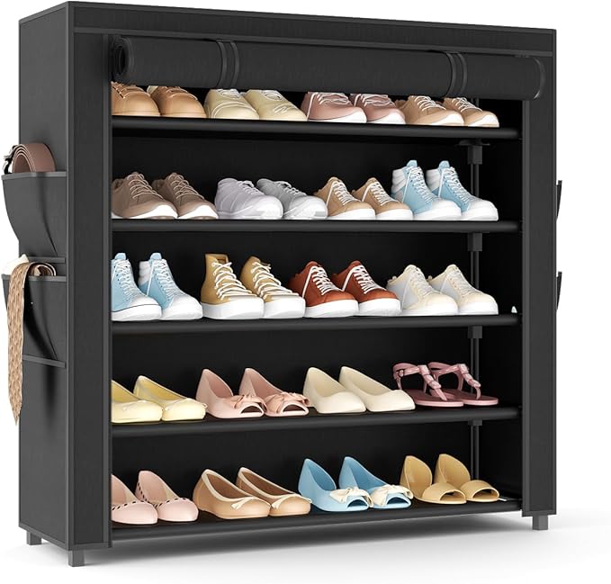 LANTEFUL Shoe Rack with Covers 5 Tier Tall Shoe Rack Organizer Large Capacity Shoe Shelf Storage 20-24 Pairs Space Saving Fre