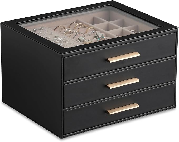 Frebeauty Clear Lid Jewelry Box,3-Layer Jewelry Organizer with Drawer,PU Leather Jewelry Organizers and Storage,Jewelry Boxes