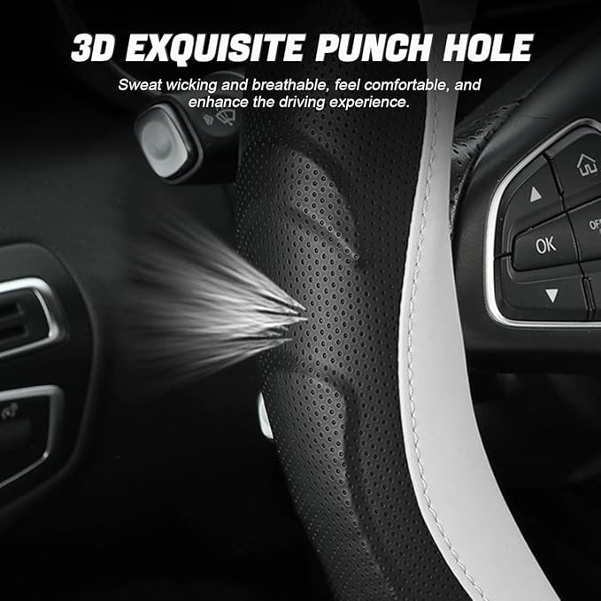 Leather Steering Wheel Cover, Auto Car Stretch Steering Wheel Protector, Universal 15 Inch Anti-Slip Breathable Odorless Stee