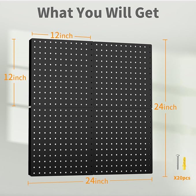 Peg Board, 4PCS Metal Pegboard, Heavy Duty Pegboard Wall Organizer with Frame. Black Pegboard for Walls, Garage, Workbench, C