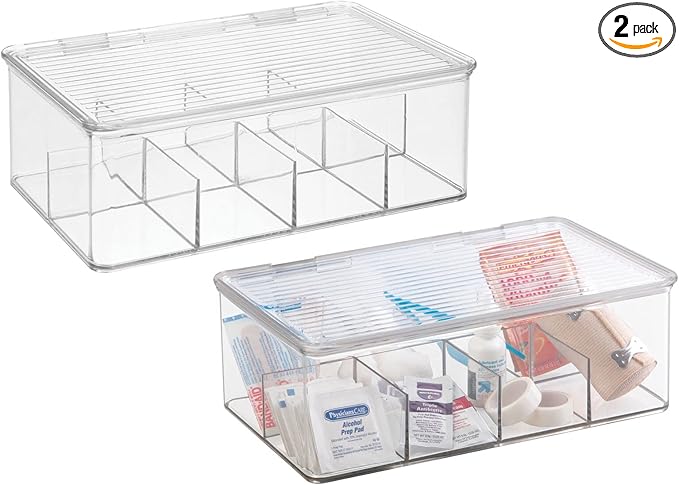 mDesign Plastic Divided First Aid Storage Box Kit with Hinge Lid for Bathroom, Kitchen, Cabinet, Closet - Organize Medicine, 