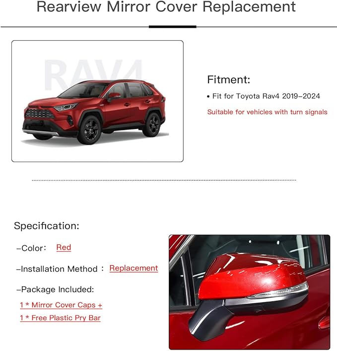 Left Driver Side Mirror Cover Cap Compatible with Toyota Rav4 2020-2023 Red, NOT for LE & Hybrid LE