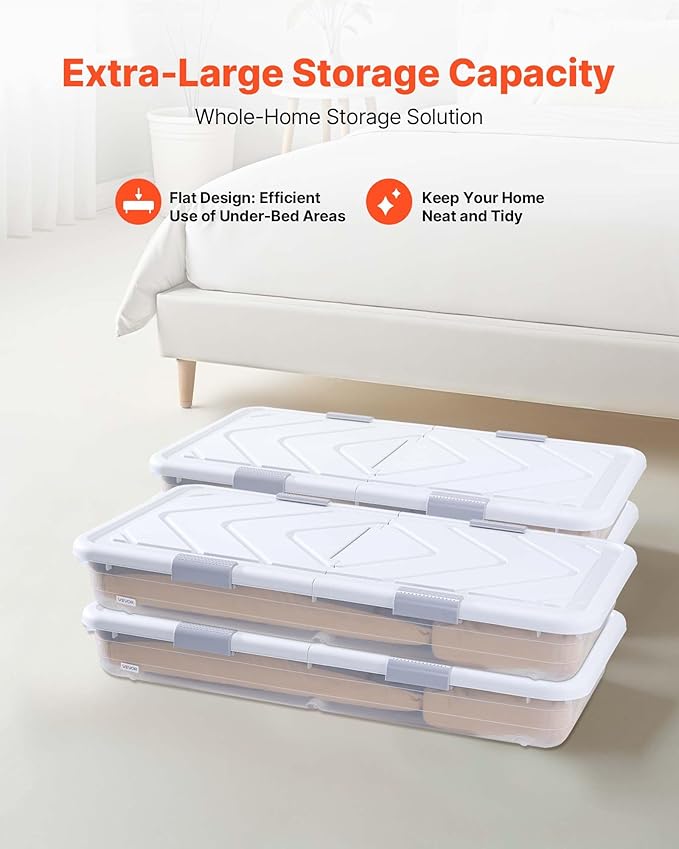 VEVOR Under Bed Storage with Wheels, 31.7 x 15.6 x 6.9 inch Underbed Containers, Underbed Shoes Organizer with Lid & Gray Lat