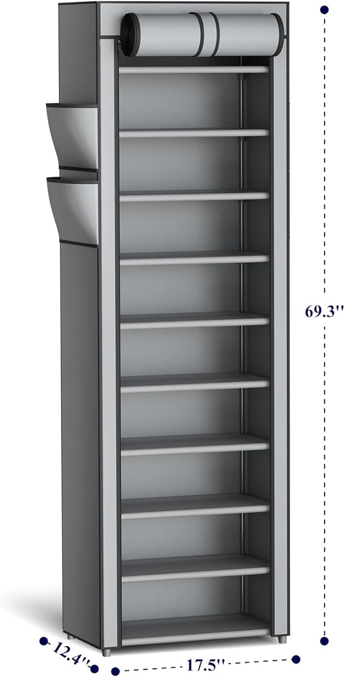 Kitsure Shoe Rack - 10-Tier Large Capacity Shoe Organizer Shelf with Dust Cover & Side Pockets, Rust-Proof Metal Shoe Rack fo