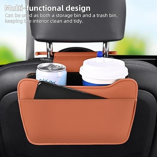Car Leather Trash Can for Headrest, Hanging Garbage Bin, Waterproof Foldable Stroage Organizer for Car, Multipurpose Interior Accessories for SUV Truck RV Camping(Orange Seat headrest)