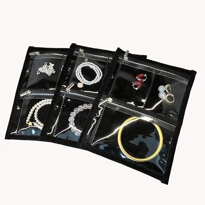 GSXRB Travel Jewelry Organizer Case with Clear Zipper Pouches,3pcs Velvet Jewelry Storage Book Binder, Multi-Layer Inner Page