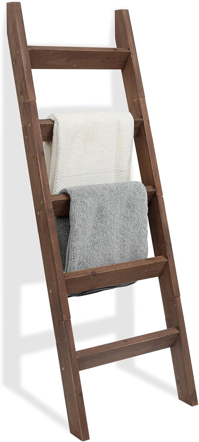 FUIN 5ft (58") Wood Blanket Ladder Living Room Decorative Wall Leaning Farmhouse Quilt Display Holder Storage Rustic Wooden T