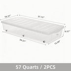 Citylife 2-Pack 57 QT Under Bed Storage Containers with Wheels, Clear Plastic Organizer Bins with Double-Opening Lids, Large 