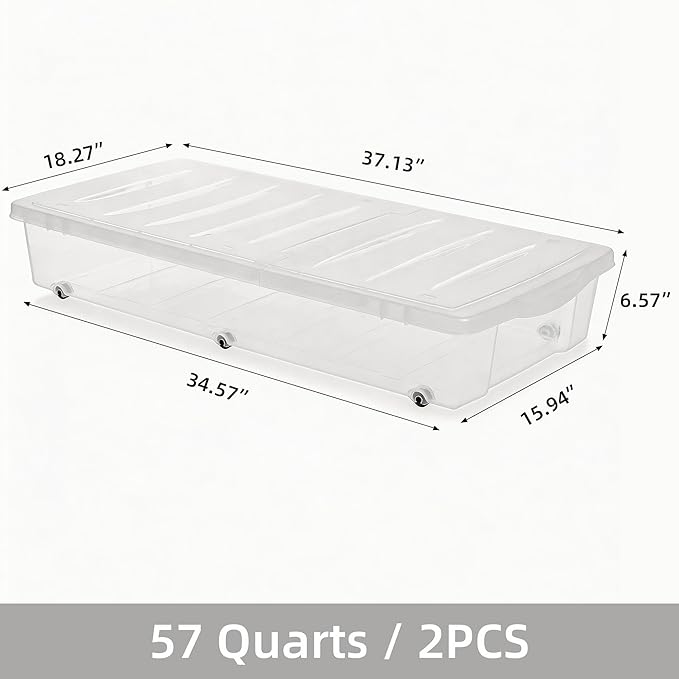 Citylife 2-Pack 57 QT Under Bed Storage Containers with Wheels, Clear Plastic Organizer Bins with Double-Opening Lids, Large 