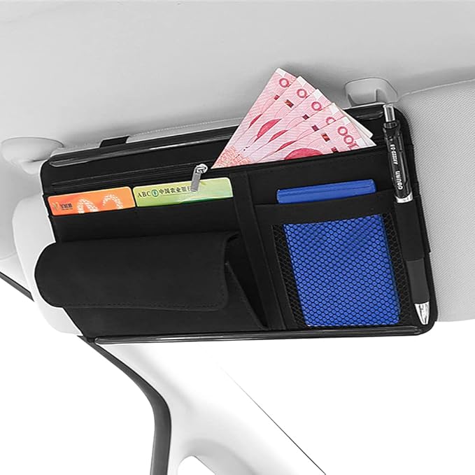 Car Sun Visor Organizer Glasses Case Storage Pocket Organizer with Multi-Pocket Net Zipper Pouch Sunglass Holder for Car Truck SUV (Black)