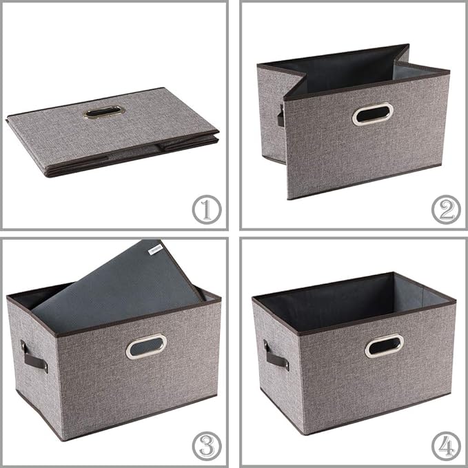 PRANDOM Larger Collapsible Storage Bins for Closet [3-pack] Decorative Linen Fabric Storage Baskets Cubes with Leather/Metal 