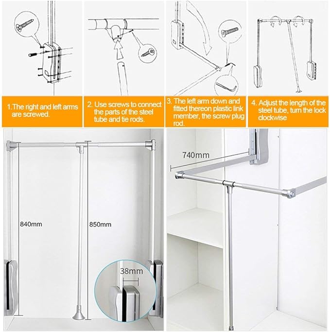 Nisorpa Pull Down Closet Rod, Adjustable 35-48 Inch Aluminium Wardrobe Lift Rail Organizer Buffer Return Closet Rod Pull Down