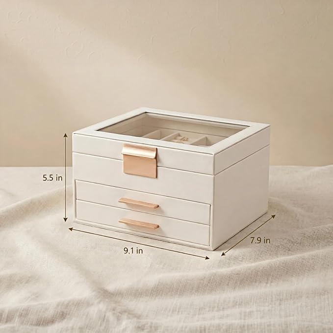 Jewelry Box Organizer with Glass Lid, 3-Layer with Double Drawers, Luxury Velvet Lined Desktop Display Case for Earrings Ring