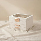 Jewelry Box Organizer with Glass Lid, 3-Layer with Double Drawers, Luxury Velvet Lined Desktop Display Case for Earrings Ring