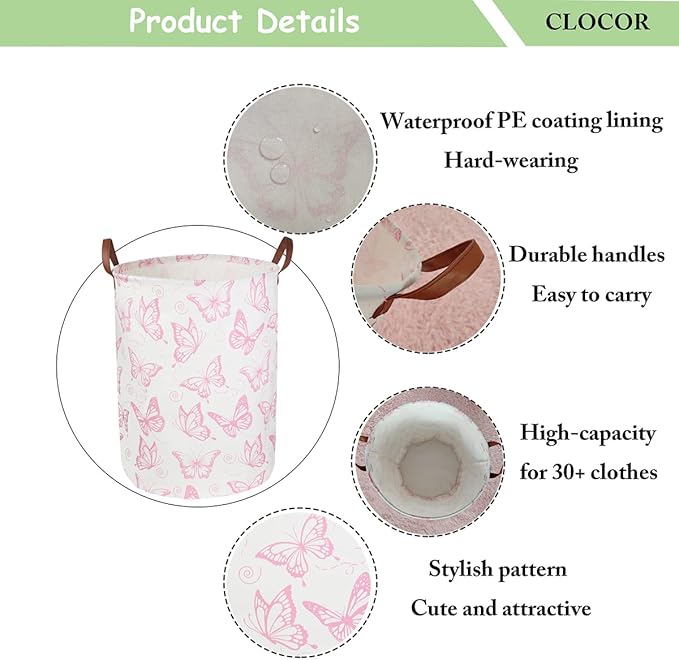 CLOCOR Pink Laundry Basket,Waterproof Nursery Hamper for Baby Girl ,Collapsible Storage Baskets for Girls Bedroom,Kids Toys S