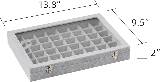 Frebeauty 48 Grid Jewelry Tray,Adjustable Earring Holder Organizer with Glass Lid,Velvet Drawer Jewelry Organizer for Rings,S