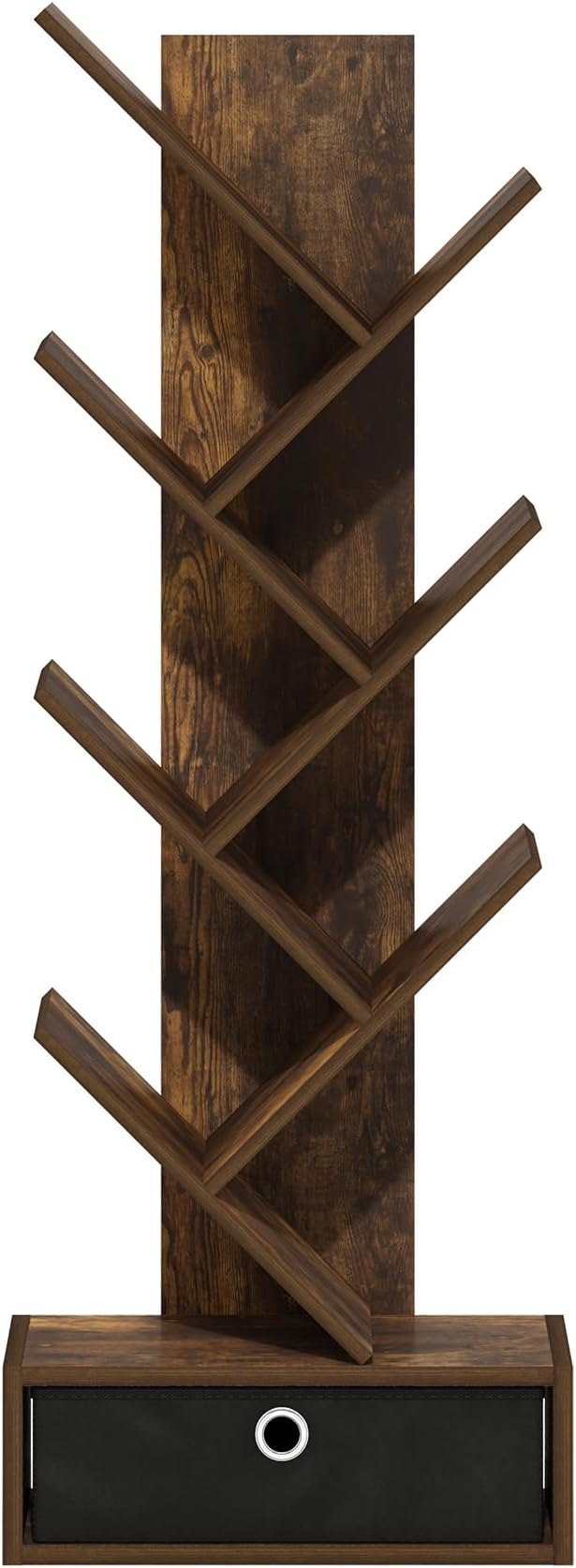 Furinno Tree Book Shelf, 7-Tier Bookshelf, Tree Bookcase with Bin Drawer, 8.4 x 16.9 x 46.2, for Living Room, Bedroom, Home O