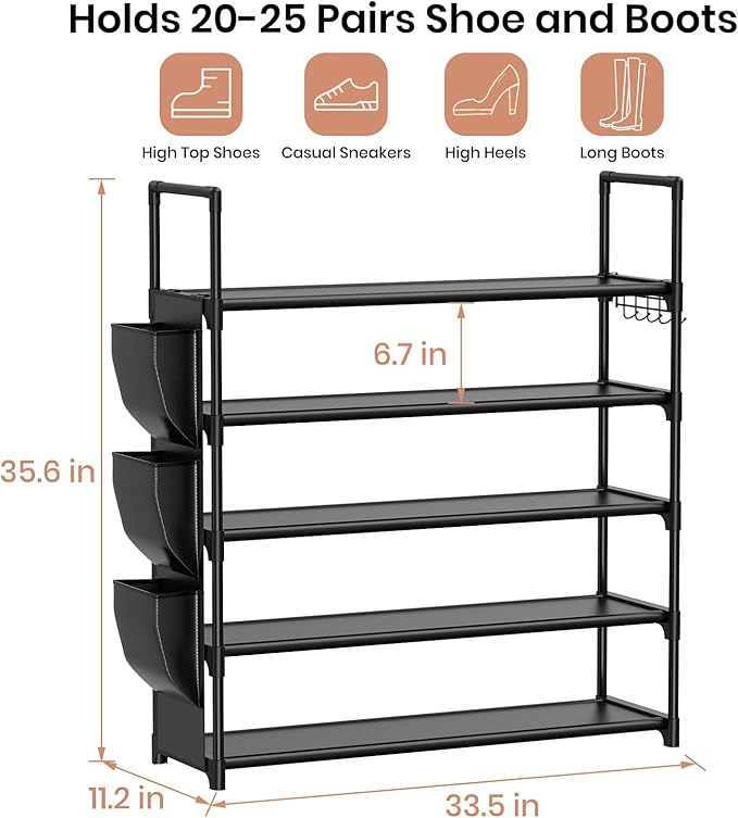 VILICK 5 Tier Shoe Rack with Hook and Side Pocket,Shoe Organizer Space Saver Storage for 20-25 Pair Shoe Storage Shelf Sturdy