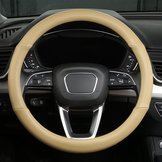 Cxtiy Genuine Leather Steering Wheel Cover with Ventilation Holes Luxury Cowhide,Breathable and Anti-Slip,14.5-15 inch(Beige)