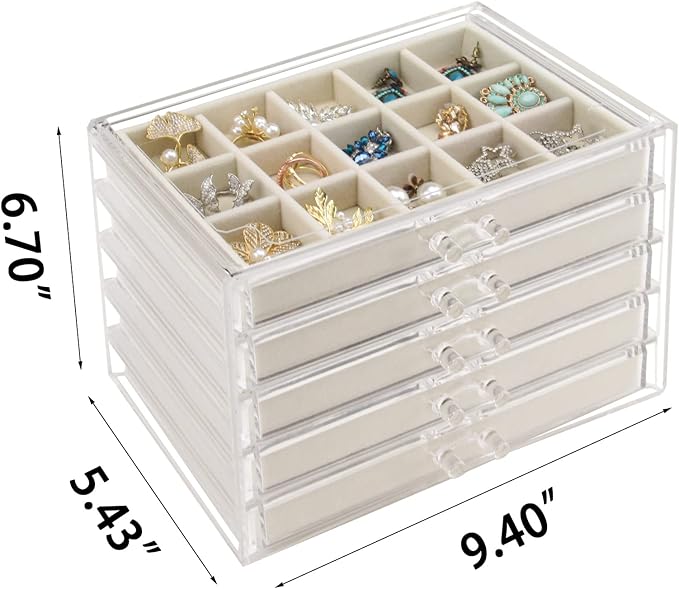 Watpot Acrylic Jewelry Box with 5 Drawers, Clear Earring Storage Organizer Display Case for Women Girls, Beige
