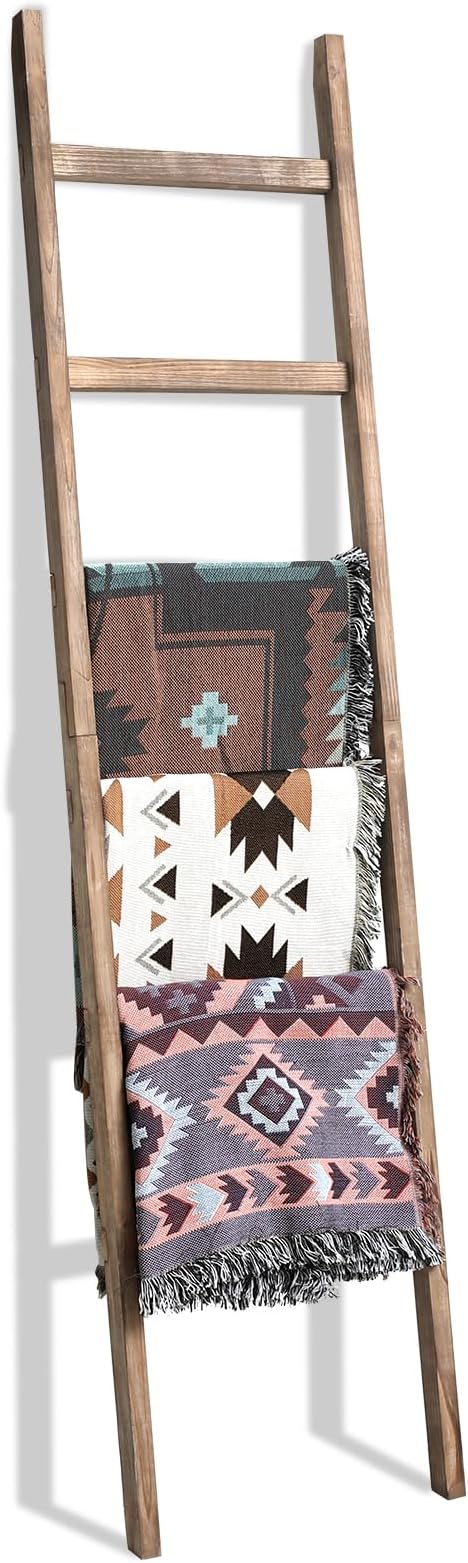 FUIN 6.4ft Extra Wide Wooden Blanket Ladder Living Room Decorative Wal Leaning Farmhouse Quilt Display Holder Rustic Wood Tow