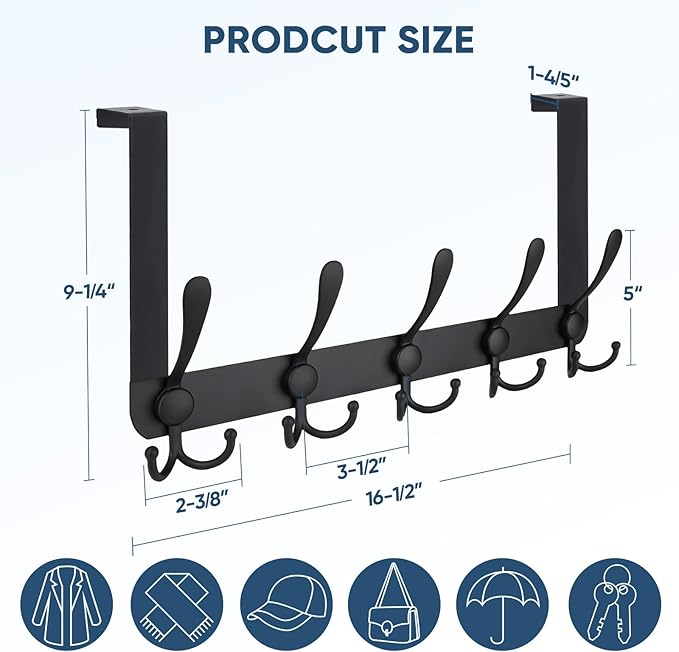 TICONN Over The Door Hooks, 5 Heavy Duty Tri Coat Rack All Metal Coat Hanger for Bathroom Bedroom Dorm (Matte Black, 1PK, Fit