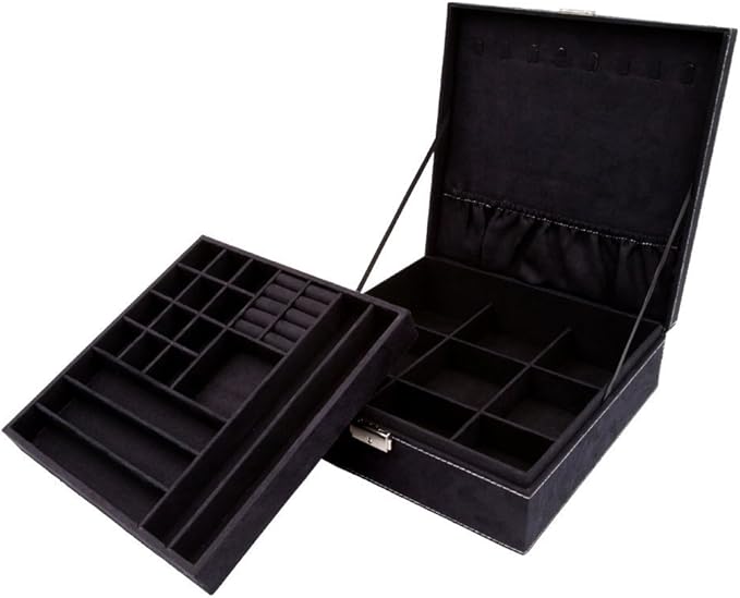 Two-Layer Jewelry Box Organizer Display Storage case with Lock (Black)