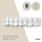 Umbra Sticks Wall-Mounted Coat Rack Rail Hook with 8 Retractable Pegs – Modern, Space-Saving Storage Organizer, White
