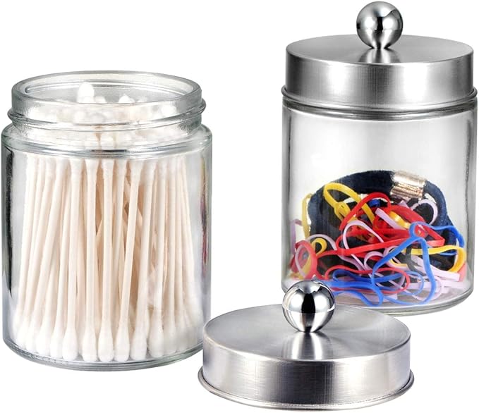 Amolliar 4Pc Apothecary Jars Bathroom Vanity Storage Organizer Set -Countertop Canister with Stainless Steel Lids &Stickers -
