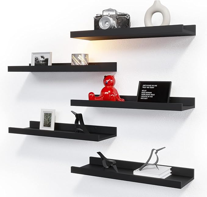 RICHER HOUSE 5 Set Floating Wall Mounted Shelves, Black Shelves for Wall Decor, Modern Picture Ledge Shelf with Lip for Stora