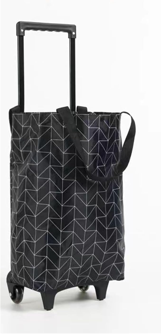 2-in-1 Foldable Shopping Bag with Wheels, Foldable Shopping Cart with Telescopic Handle, Reusable Eco-Friendly Shopping Bag for Women & Senior(Black Checkered Pattern)