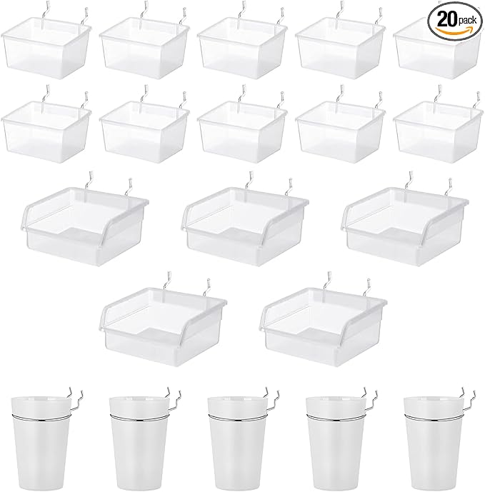 20 PCS Pegboard Cups Pegboard Bins Set, Pegboard Wall Organizer with Hooks and Loops, Pegboard Wall Containers Clear Peg Hook