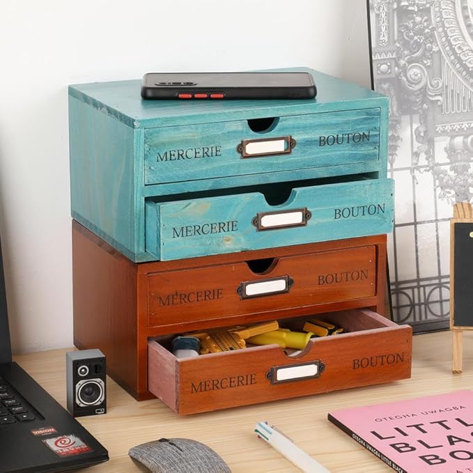 Wooden Storage Box Rustic Desktop Organizer with 2 Drawers Office Desk Accessories Shelf Small Craft Storage Containers Apoth