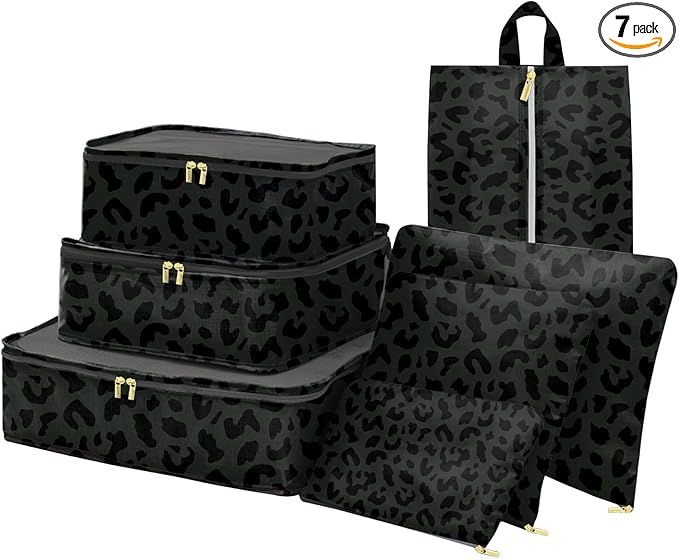 7 Set Packing Cubes Travel Luggage Organizers for Suitcase Travel Accessories with Shoe Bag for Women Girls Aesthetic Cute-Bl