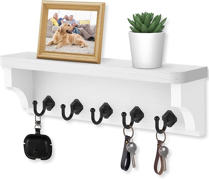 Nekon Key Holder for Wall, 11.8" W x 3.5" H x 2.8" D Decorative Key Organizer with Floating Shelf, Wall Mount Key Rack with 5