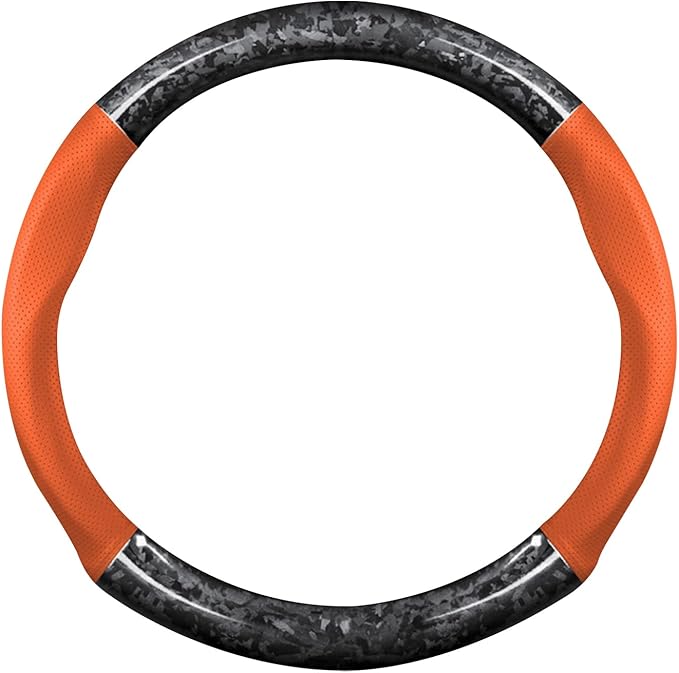 Ergocar Car Steering Wheel Sleeve, Round Forged Carbon Fiber and Leather Material Steering Wheel Sleeve, 37-38cm/14.5-15inch, Non-Slip, Soft, Breathable, Sports Style