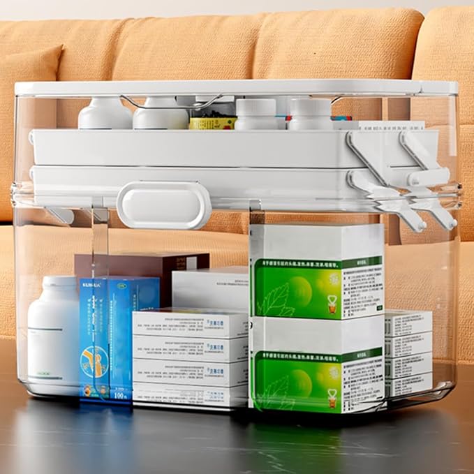 3-Tier 12 x 9 x 7 Medicine Organizer, Medicine Cabinet Organizer with Portable Pill Case, Multipurpose Plastic Box for Storag