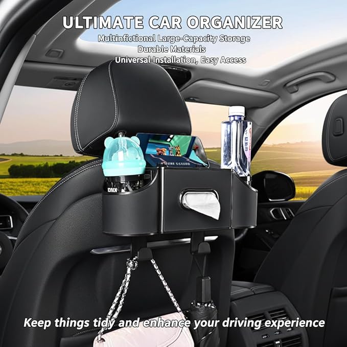 4-in-1 car organizer back seat, Multi-Pocket backseat car cup holder, Universal back seat cup holders for cars, car organization, for Travel & Daily Use (BLACK)