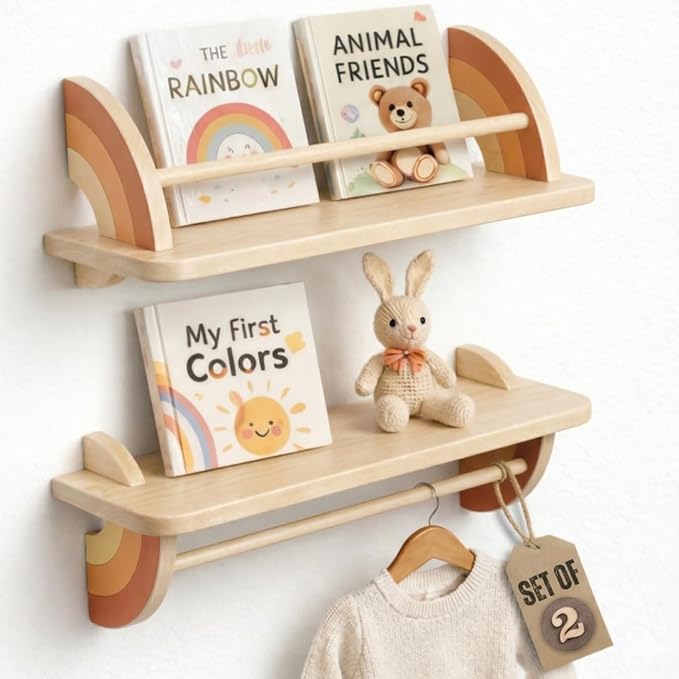 Rainbow Floating Bookshelves for Kids Set of 2 - Montessori Wall Shelf for Nursery, Pastel Wooden Book Display, Hanging Books